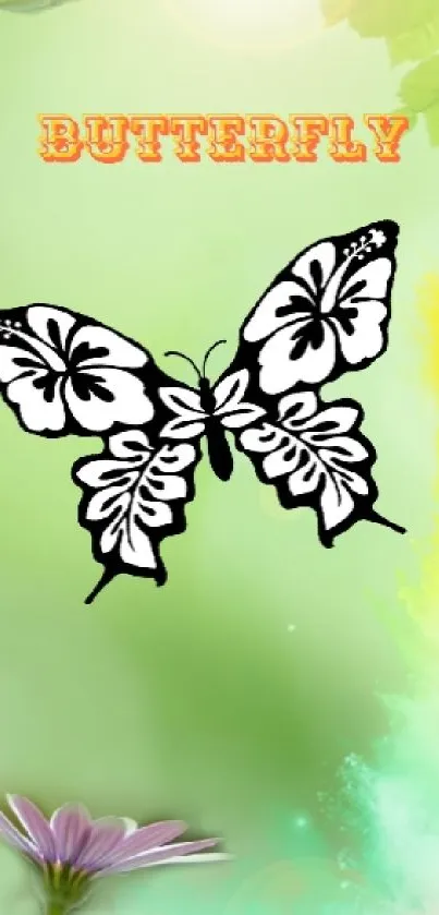 Vibrant butterfly phone wallpaper with green leaves and flowers.