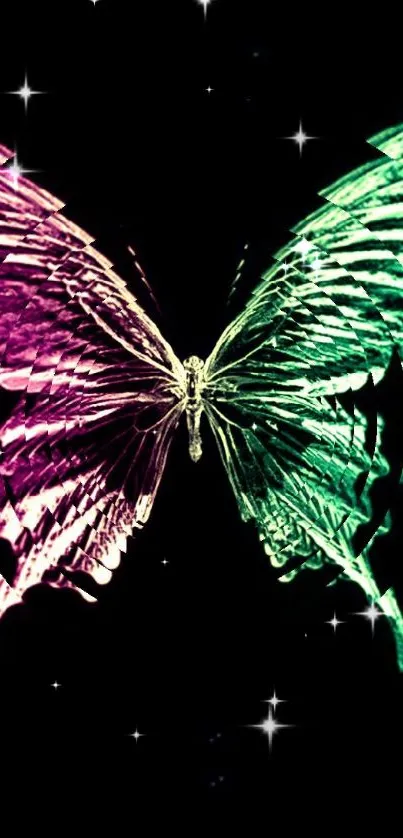 Neon butterfly with pink and green hues on a dark background.