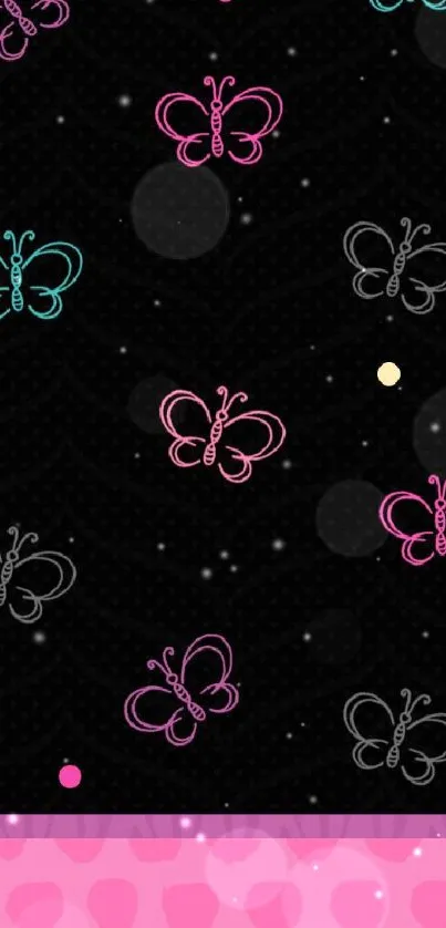 Neon butterfly pattern on black background with pink accents.