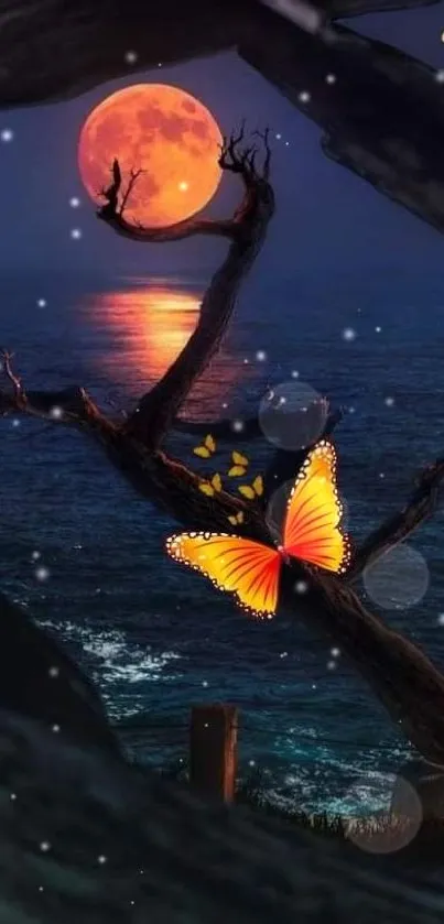 Vivid butterfly on tree, moonlit ocean background.