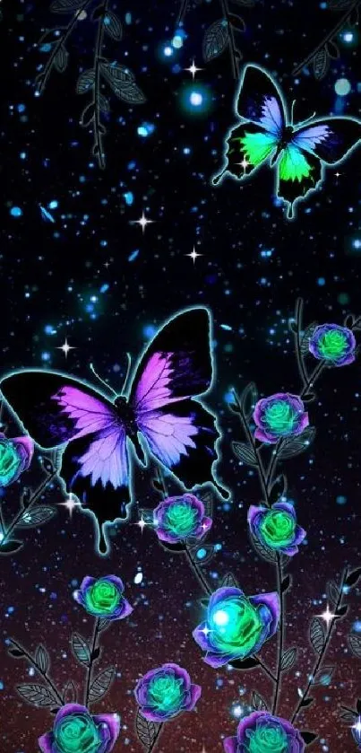 Colorful butterflies and neon flowers under a starry night sky.