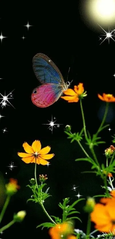 Colorful butterfly in a starry night garden with vibrant flowers.