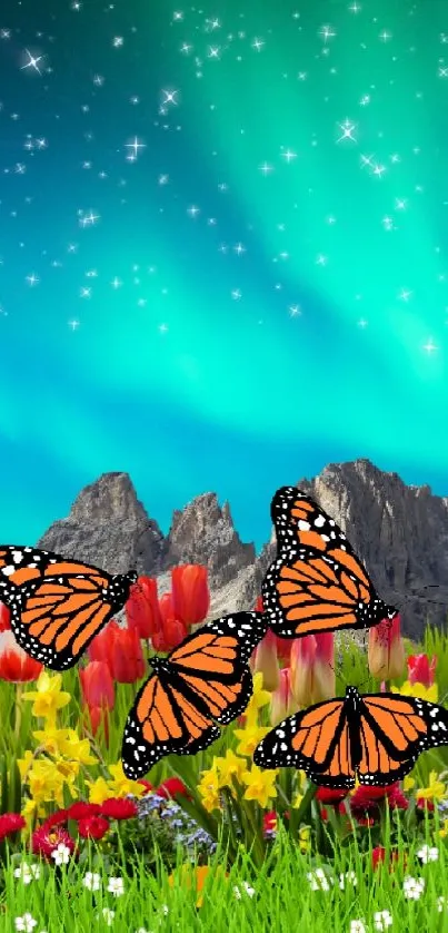 Butterflies flutter over a vibrant, starry night landscape.