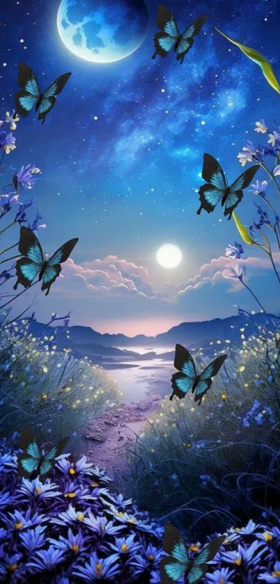 Night sky wallpaper with butterflies and moonlit scenery.