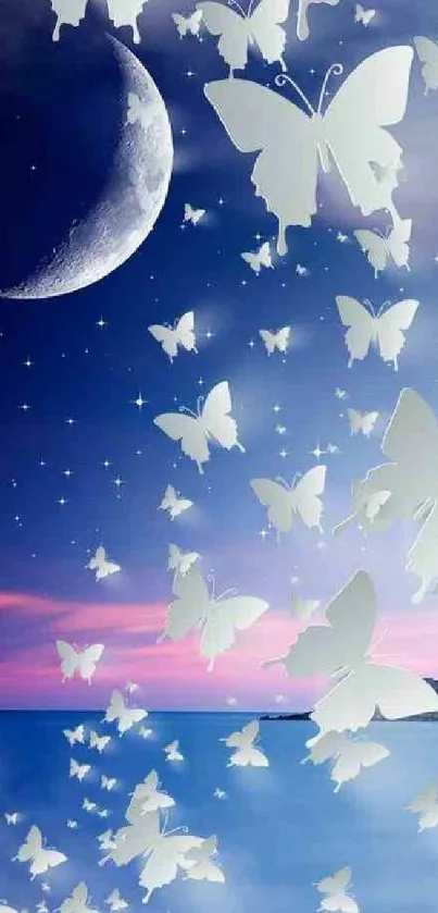 White butterflies flutter near a crescent moon in a peaceful night sky.