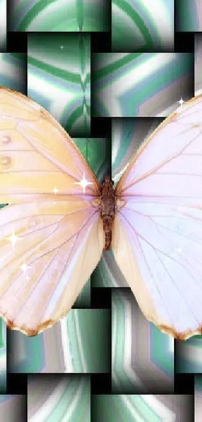 A butterfly resting on a green abstract checkerboard background.