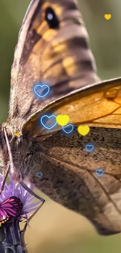 A butterfly sitting on a purple thistle with colorful hearts floating around.