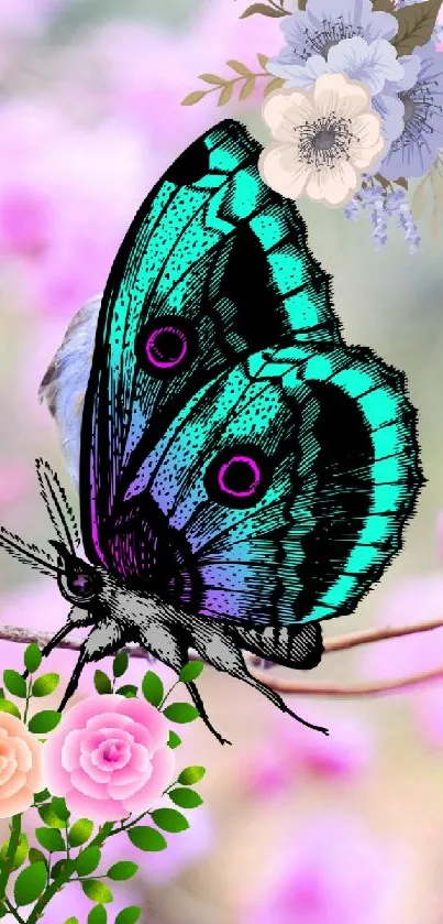 Vibrant butterfly on pink floral background wallpaper.