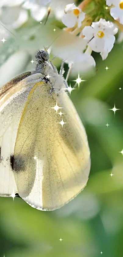 Butterfly perched on white flowers with sparkling lights.