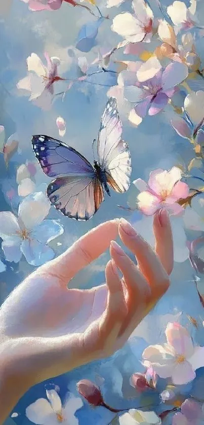 A delicate butterfly rests on a blossoming flower with a hand reaching towards it.