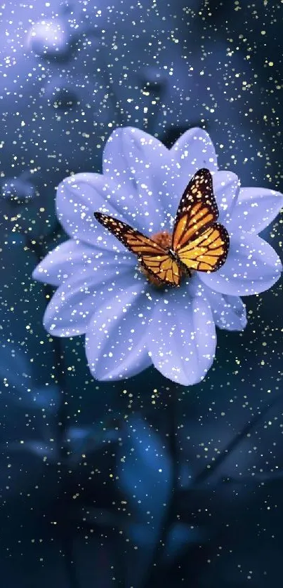 A butterfly rests on a blue flower in a serene nature scene.