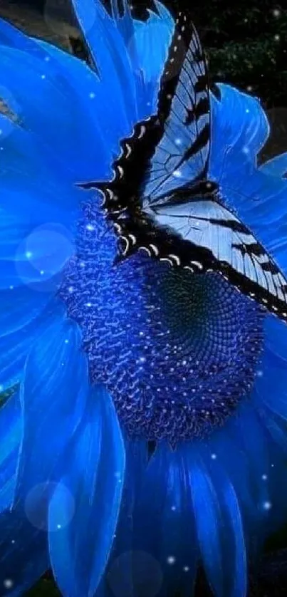 Blue flower with butterfly mobile wallpaper, artistic and vibrant.