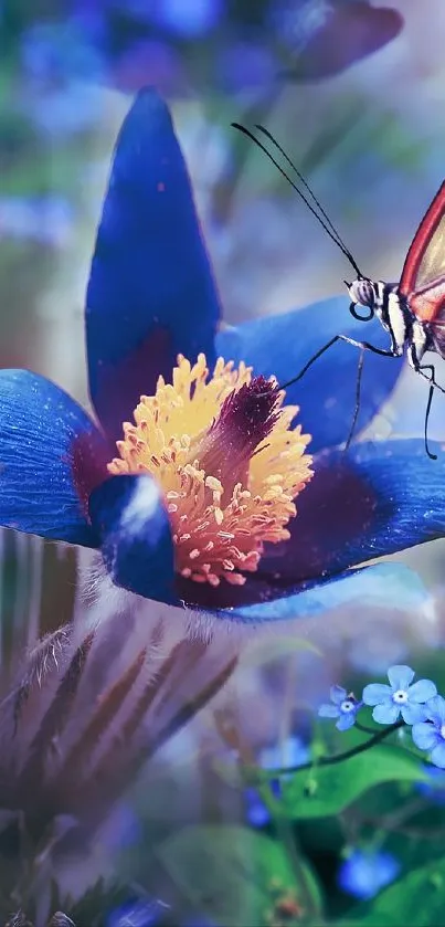 Butterfly resting on a vibrant blue flower amidst colorful blooms.