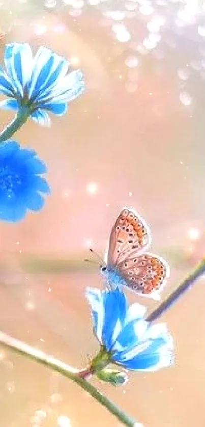 Butterfly resting on vibrant blue flowers with a soft bokeh background.