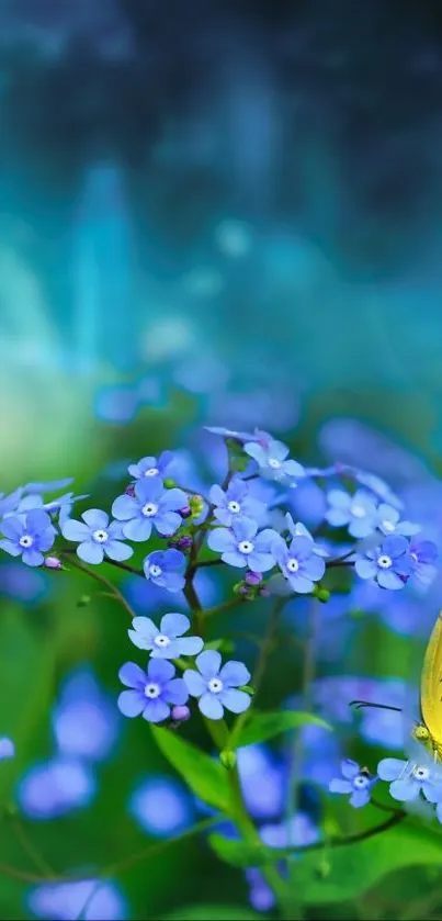 Yellow butterfly on blue flowers in lush garden setting.