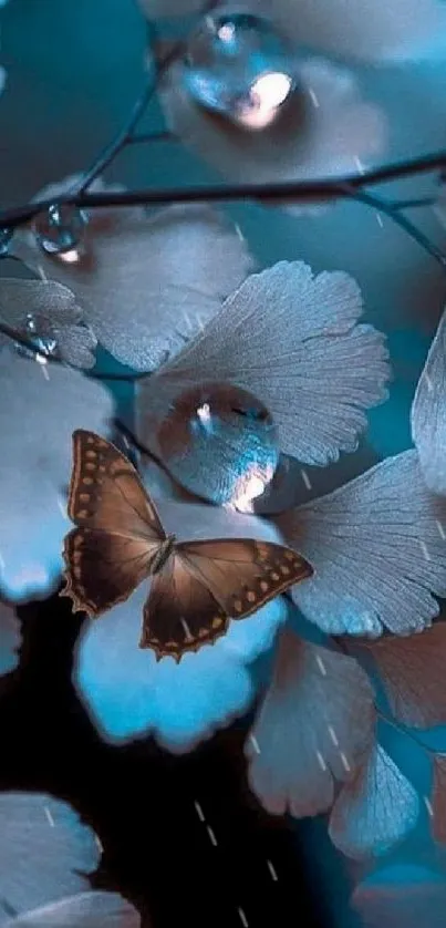 Butterfly resting on blue leaves with dewdrops, enchanting mobile wallpaper.