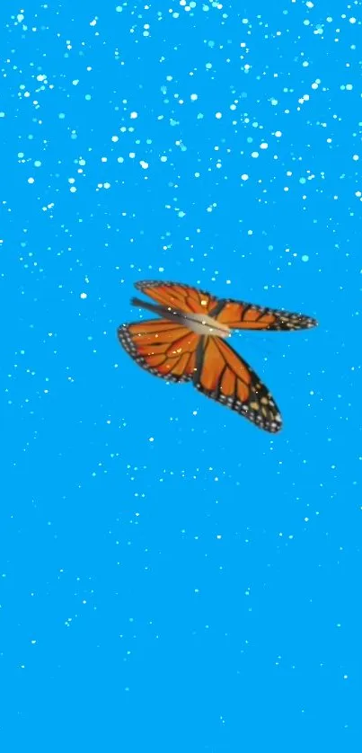 Monarch butterfly flying on bright blue sky wallpaper.