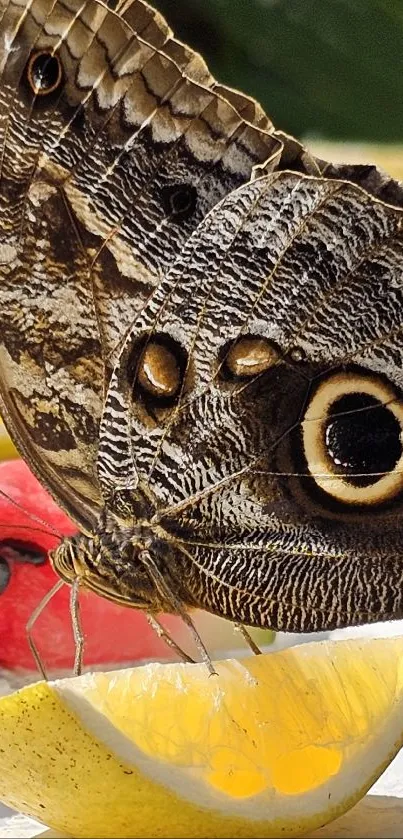 Close-up of a butterfly on a citrus slice with vibrant details and colors.