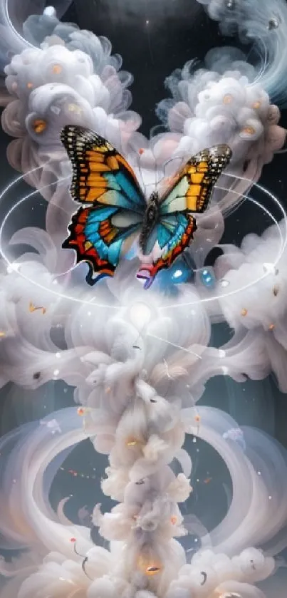 Colorful butterfly on cloudy vortex, magical fantasy wallpaper.