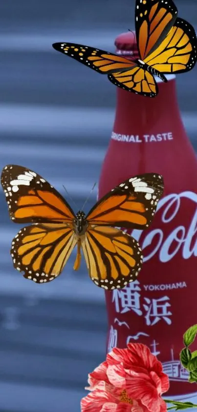 Butterflies and flowers on a red Coke bottle wallpaper.