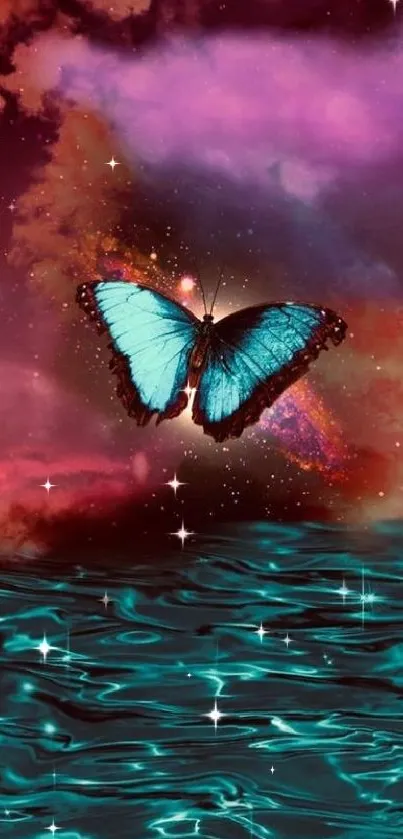 Colorful butterfly on cosmic ocean with fantasy sky background.