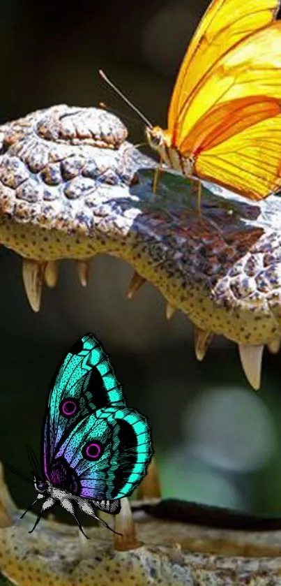 Bright butterflies on crocodile snout with dark green background.