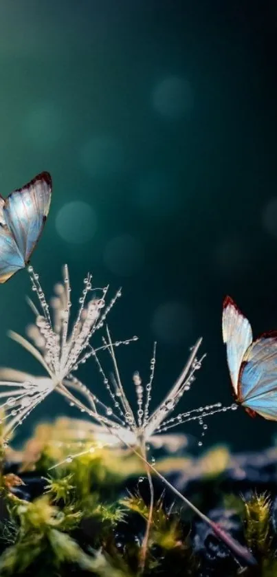 Blue butterflies resting on a dewy dandelion with a teal background.