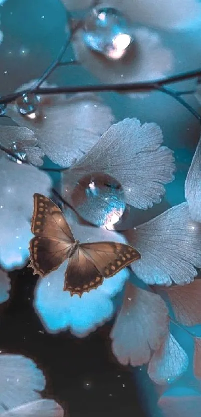 Butterfly resting on dewy leaves with dark cyan background.