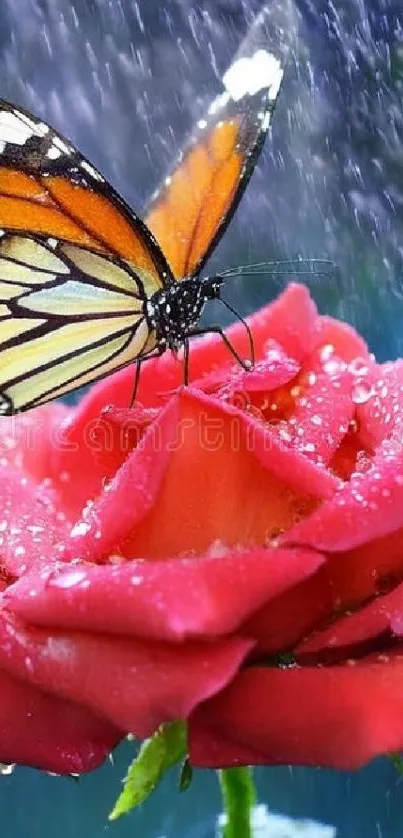 Butterfly perched on a dewy rose with raindrops.