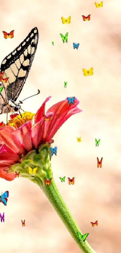 A butterfly elegantly rests on a vibrant flower, set against a beige background.