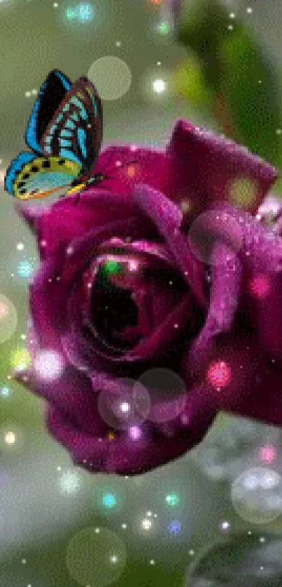 Vibrant butterfly on glowing purple rose with enchanting lights.