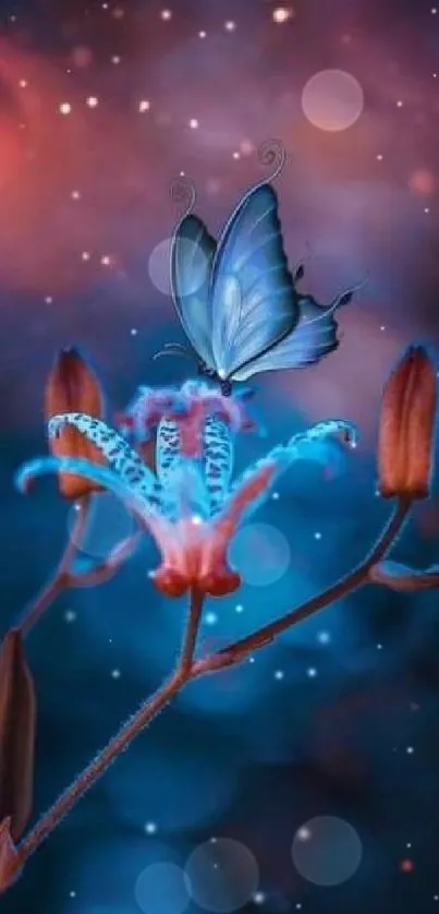 Mystical butterfly on a glowing flower in starry night wallpaper.