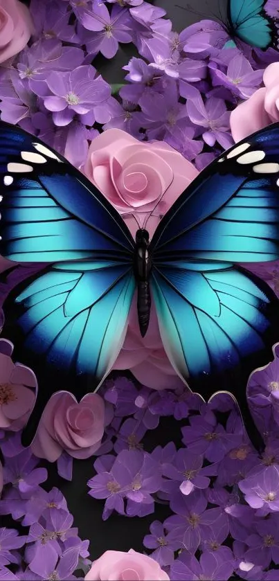 Blue butterfly on a floral background with pink and purple flowers.
