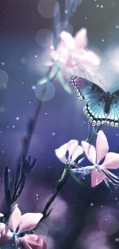 A butterfly perched on soft pink flowers with a dreamy, mystical purple background.