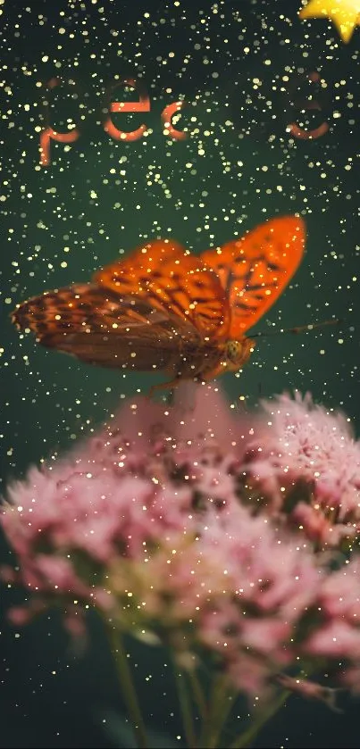 Orange butterfly on pink flowers under a starry dark green sky.