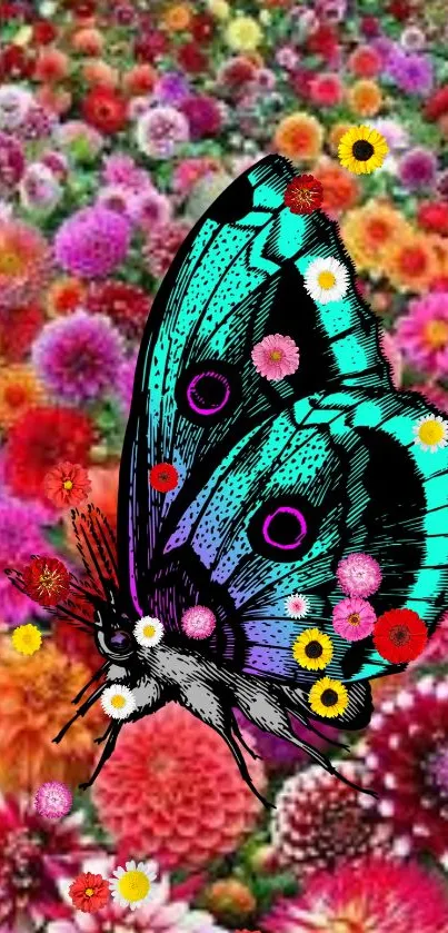 Blue butterfly with colorful flowers background.