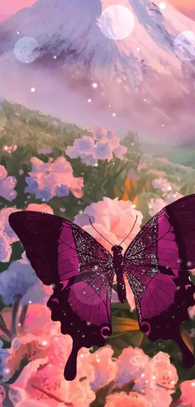 Pink butterfly with flowers on a scenic mountain background.