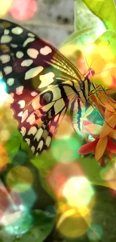 Butterfly on flowers with bokeh lights in the background.