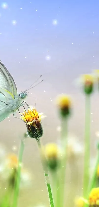 Butterfly gracefully perched on a flower with a light blue background.