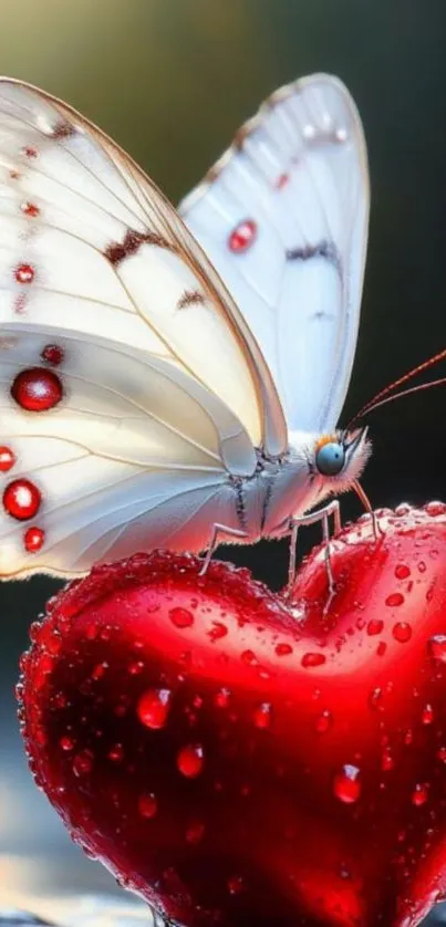 White butterfly on a red heart with water droplets.