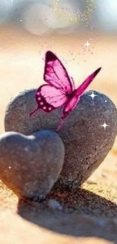 Pink butterfly resting on heart stones on sand.