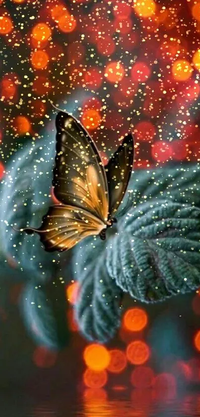 Butterfly on vibrant orange bokeh background, resting on green leafy texture.