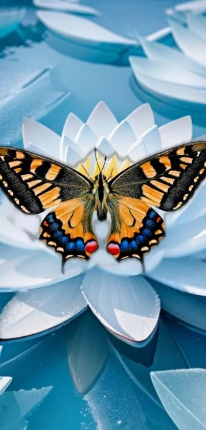 Vibrant butterfly perched on a delicate lotus flower with a blue background.