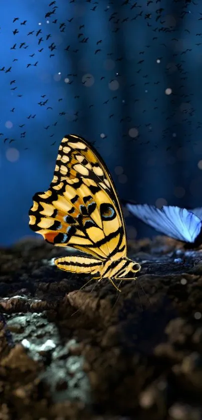 Vibrant yellow butterfly resting in a mystical forest, surrounded by enchanting blue hues.