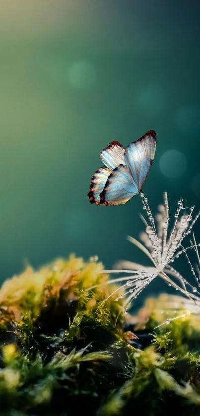 Serene butterfly resting on moss in nature-inspired wallpaper.