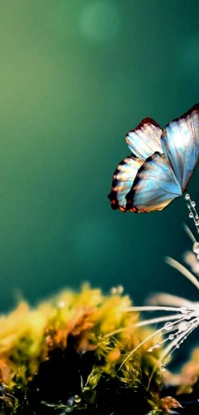 Nature-inspired wallpaper with a butterfly on moss.