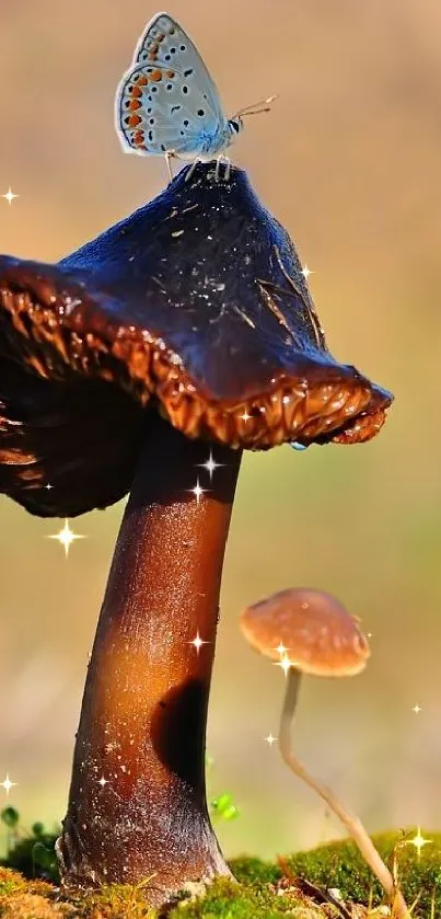 A butterfly delicately perched on a unique mushroom against an earthy background.