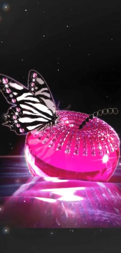 Butterfly on a glowing pink gem in neon light.