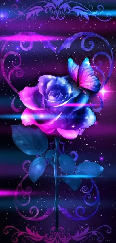 A vivid neon rose with a butterfly on a starry background.