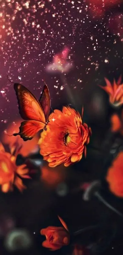 Butterfly resting on vibrant orange flowers with a sparkling background.